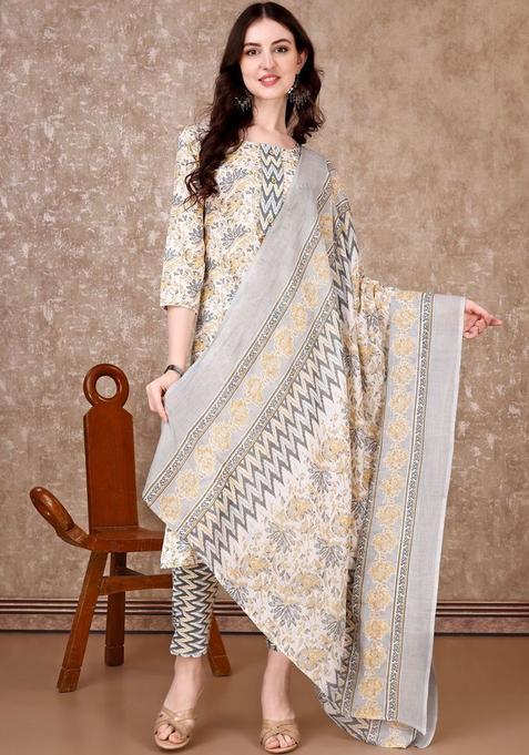 Off White Printed Cotton Blend Kurta Set
