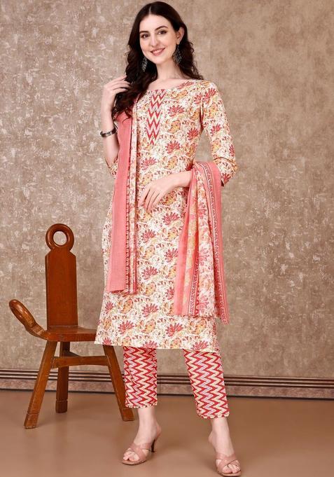 Off White Printed Cotton Blend Kurta Set