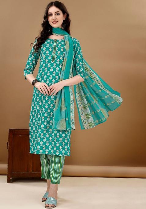 Teal Striped Cotton Blend Kurta Set