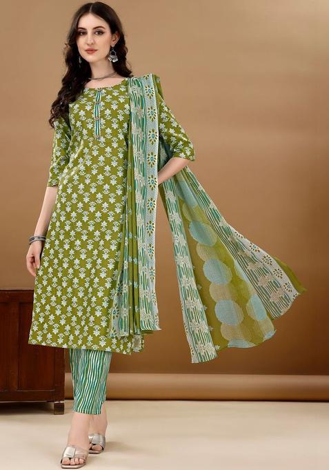 Olive Striped Cotton Blend Kurta Set