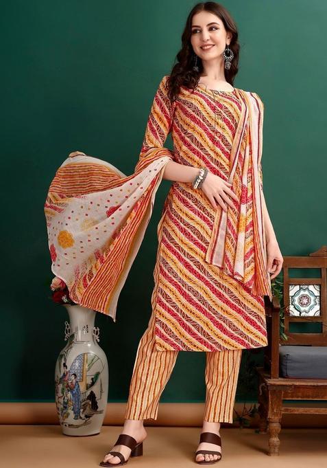 Yellow Printed Cotton Blend Kurta Set