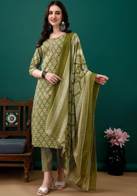 Olive Printed Cotton Blend Kurta Set