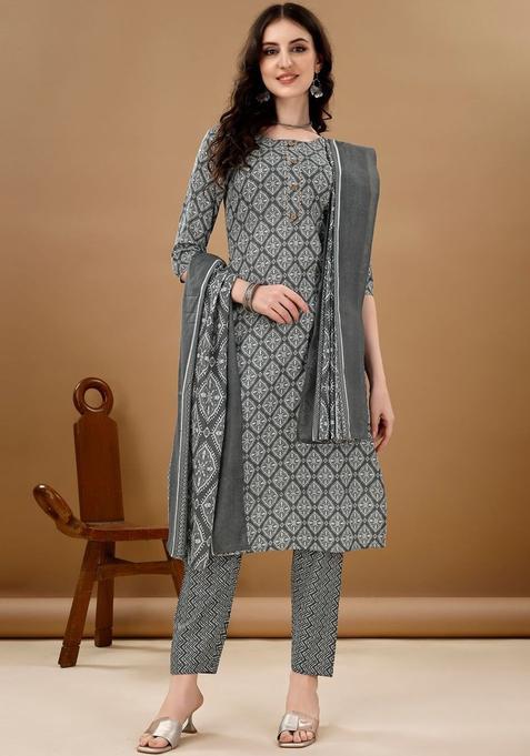 Grey Printed Cotton Blend Kurta Set