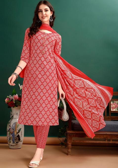 Red Printed Cotton Blend Kurta Set