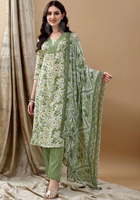 Green Striped Cotton Kurta Set