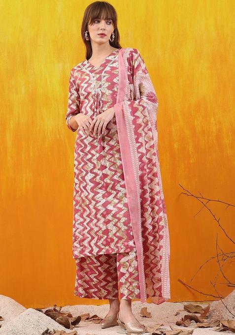 Pink Printed Cotton Blend Kurta Set