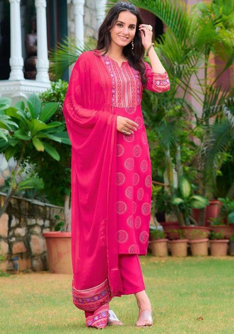 Pink Solid Viscose Rayon Kurta Set