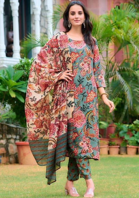 Green Printed Viscose Rayon Kurta Set