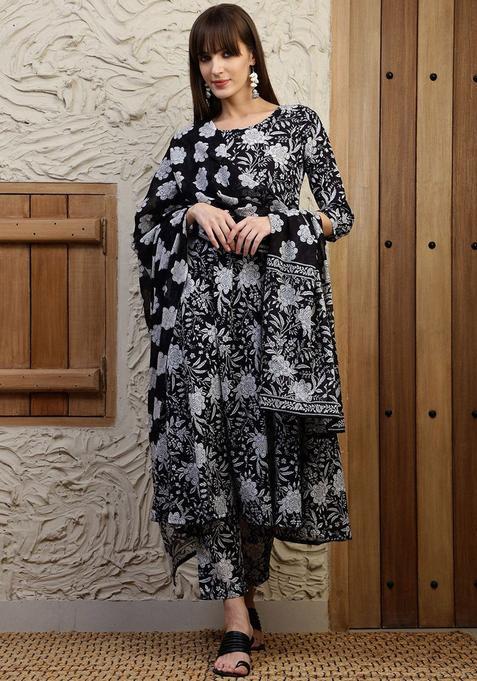 Black Printed Cotton Kurta Set