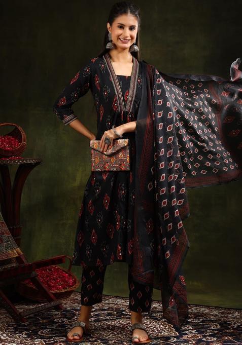 Black Printed Viscose Rayon Kurta Set