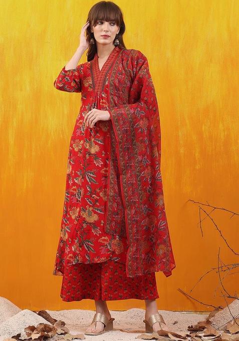 Red Printed Viscose Rayon Kurta Set