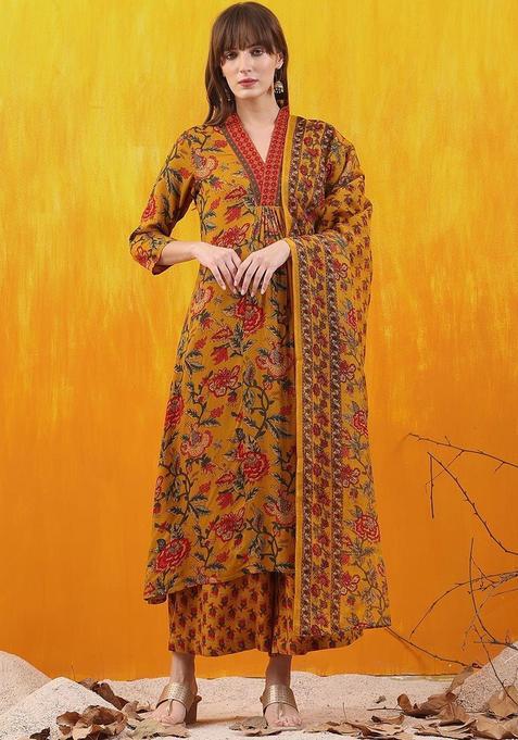 Yellow Printed Viscose Rayon Kurta Set