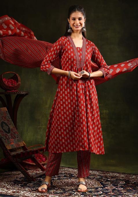 Red Printed Viscose Rayon Kurta Set