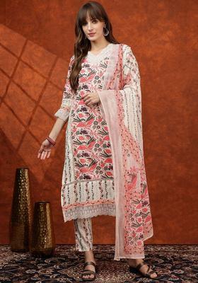 White Printed Cotton Kurta Set