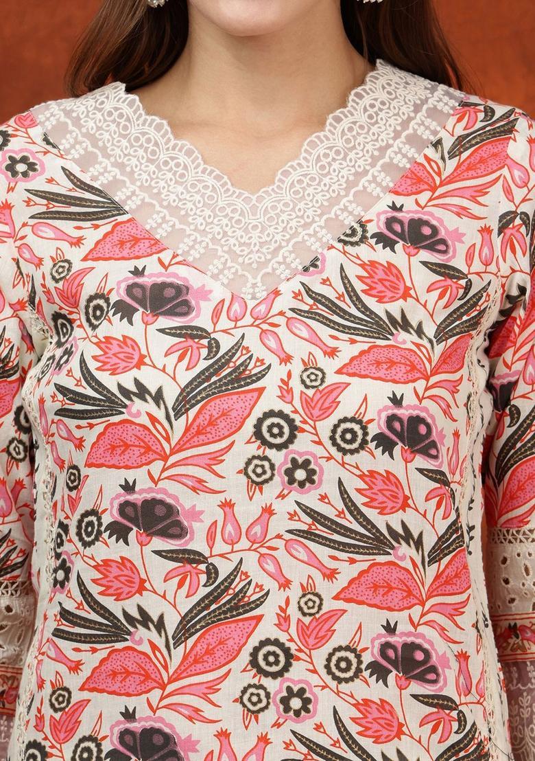 White Printed Cotton Kurta Set - Indya