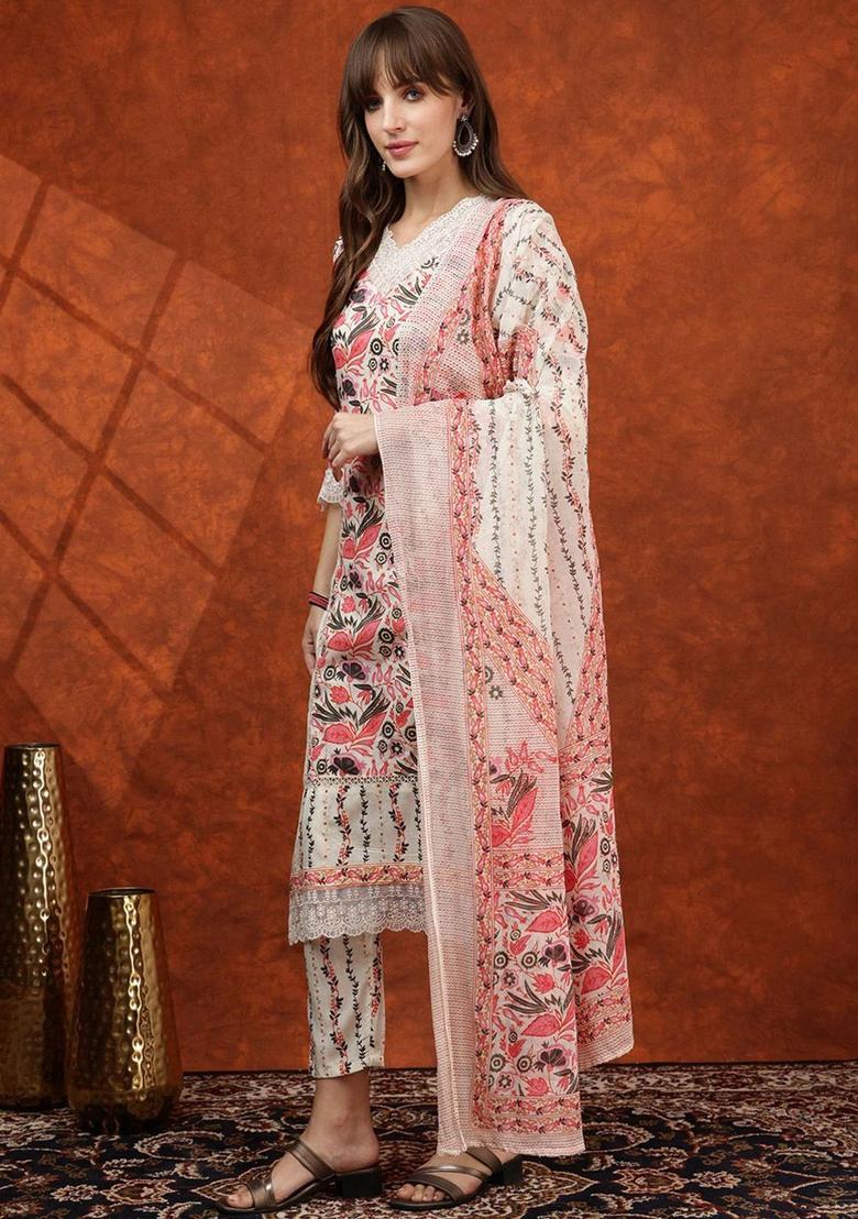 White Printed Cotton Kurta Set - Indya