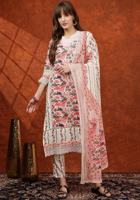 White Printed Cotton Kurta Set