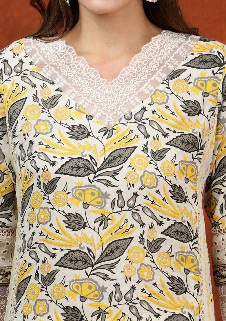 Yellow Printed Cotton Kurta Set - Indya