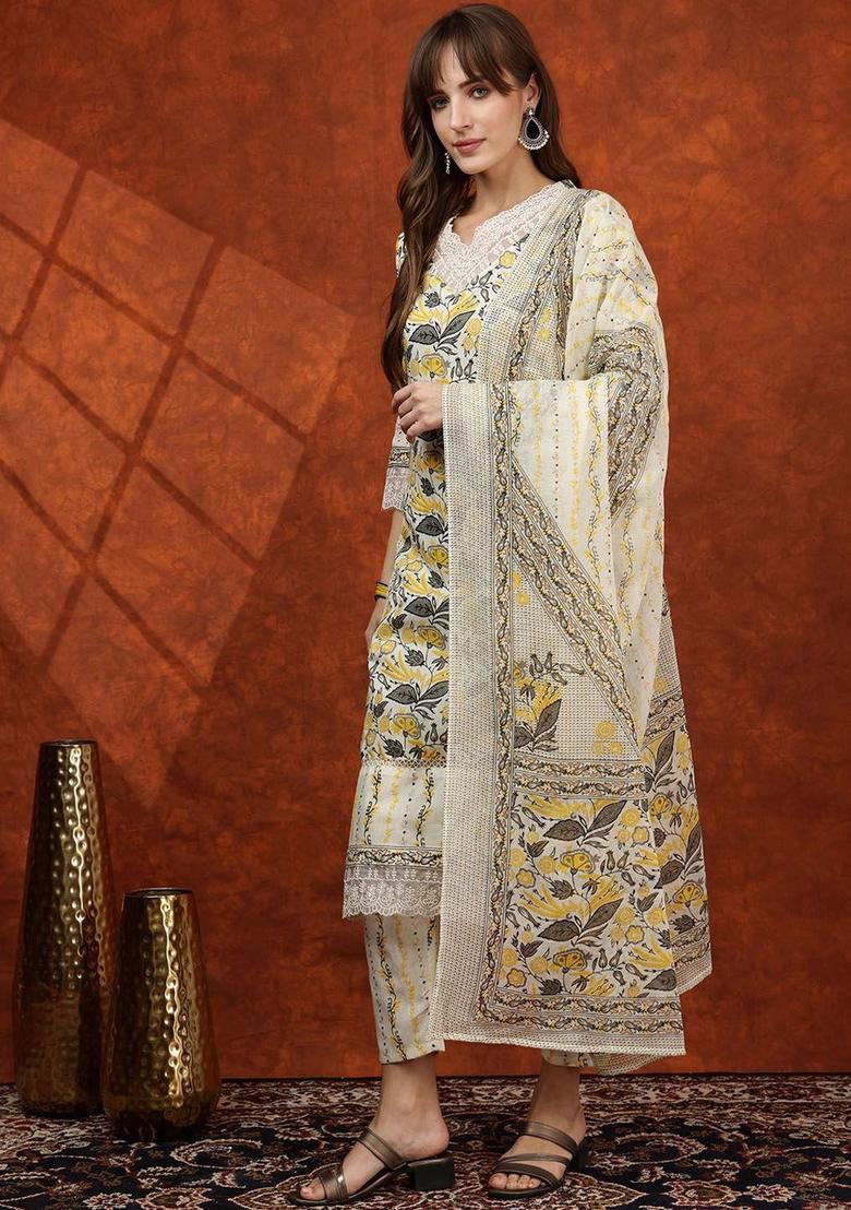 Yellow Printed Cotton Kurta Set - Indya