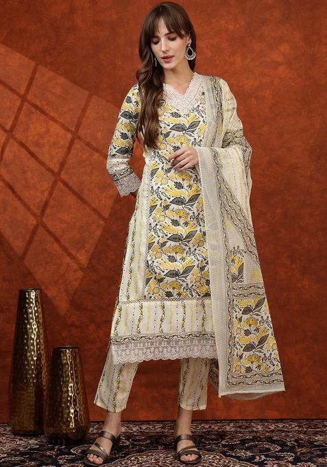 Yellow Printed Cotton Kurta Set