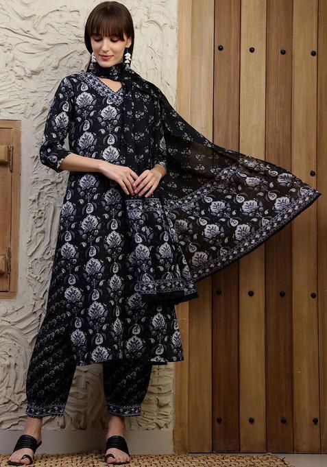 Black Printed Cotton Blend Kurta Set