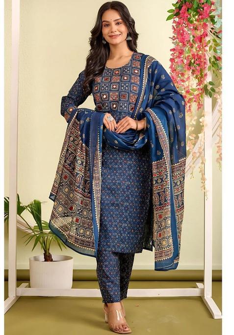 Navy Blue Printed Cotton Kurta Set