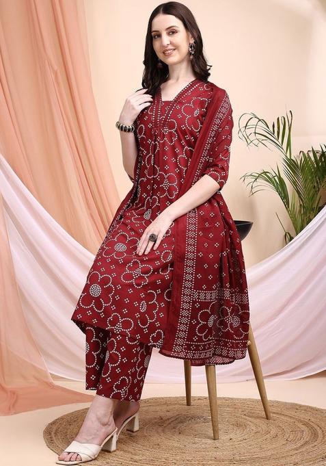 Maroon Printed Viscose Rayon Kurta Set