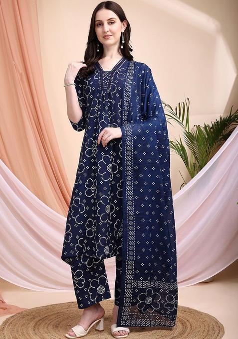 Navy Blue Printed Viscose Rayon Kurta Set