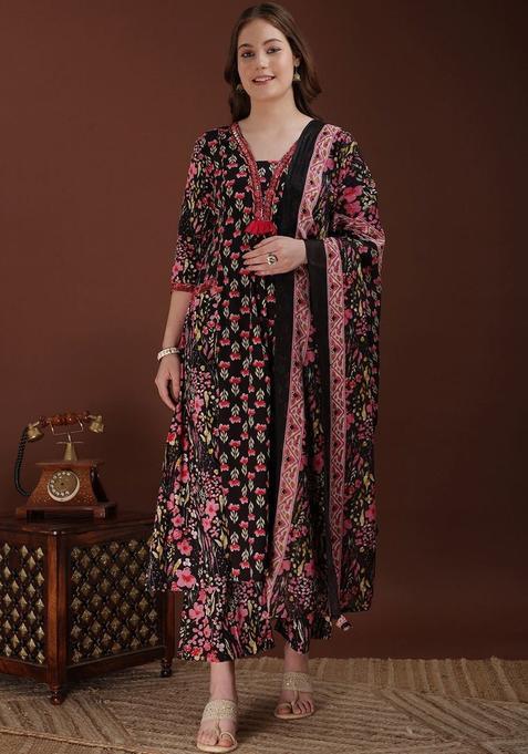 Black Printed Cotton Kurta Set