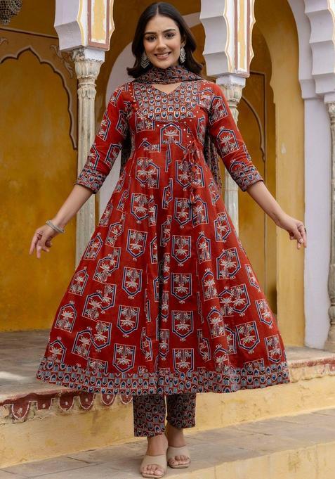Red Printed Cotton Kurta Set