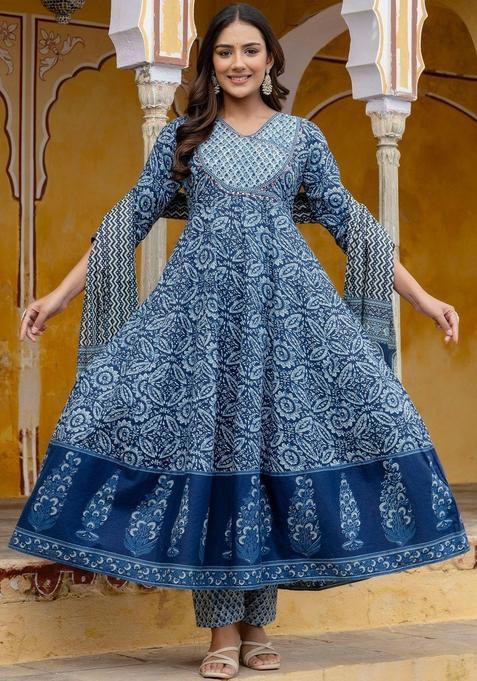 Navy Blue Printed Cotton Kurta Set