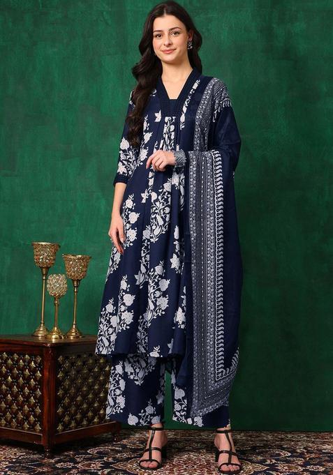 Navy Blue Printed Viscose Rayon Kurta Set