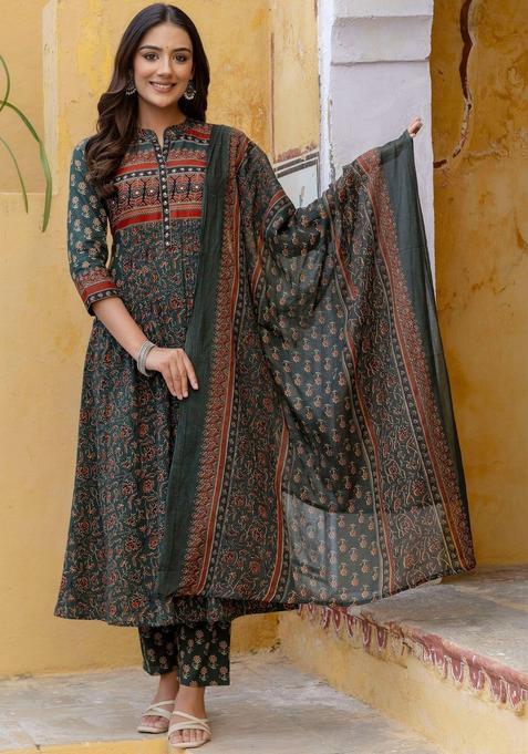 Green Printed Cotton Kurta Set