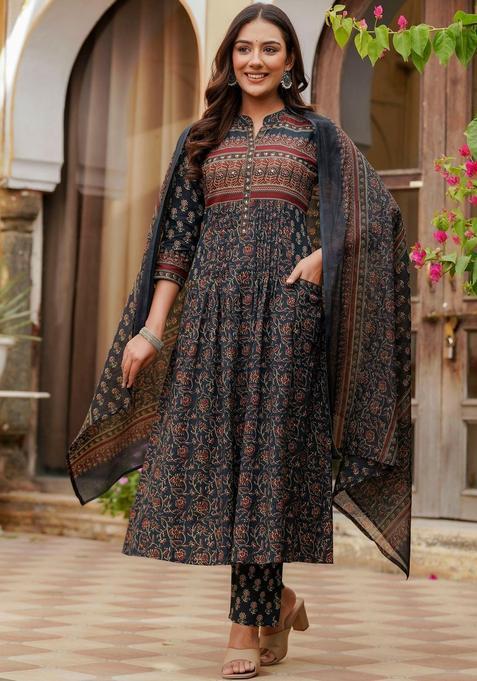 Navy Blue Printed Cotton Kurta Set