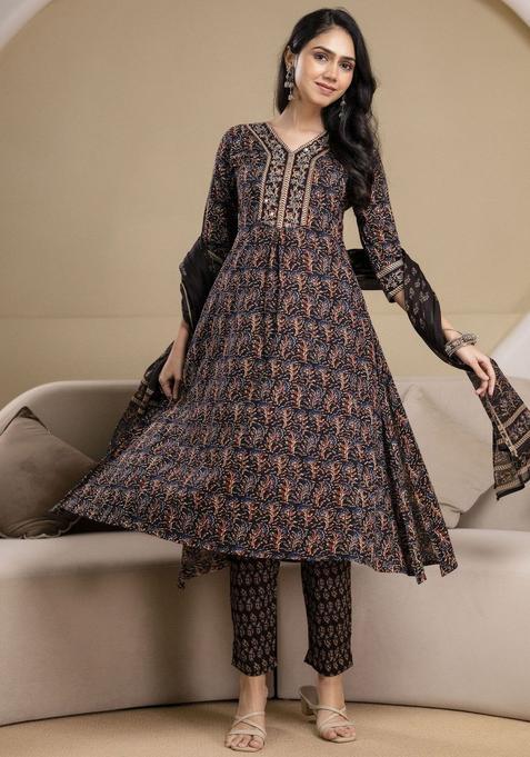 Navy Blue Printed Cotton Kurta Set