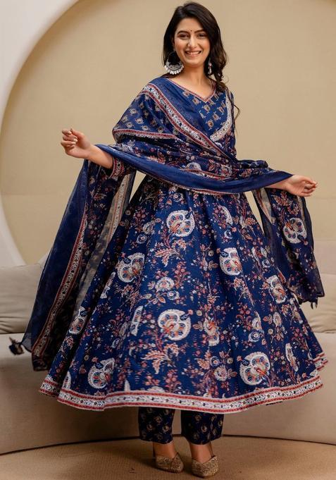 Blue Printed Cotton Kurta Set