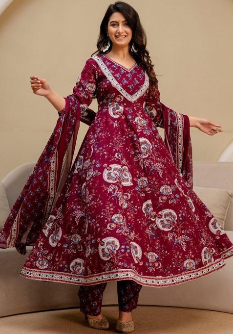 Maroon Printed Cotton Kurta Set