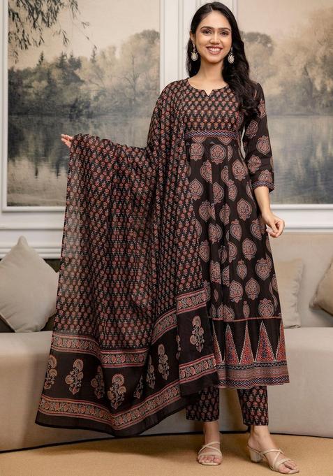 Black Printed Cotton Kurta Set