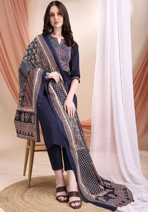 Navy Blue Solid Cotton Kurta Set