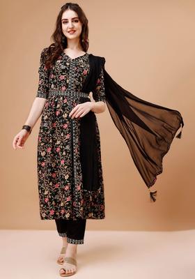 Black Printed Viscose Rayon Kurta Set