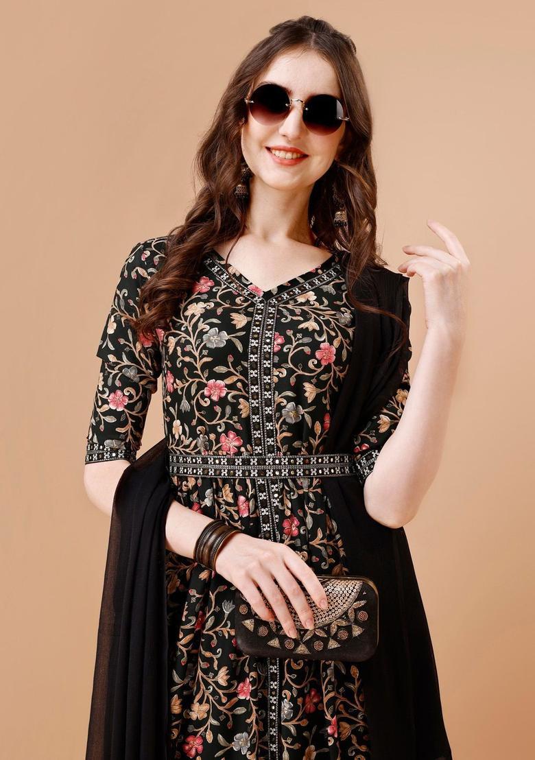 Black Printed Viscose Rayon Kurta Set - Indya