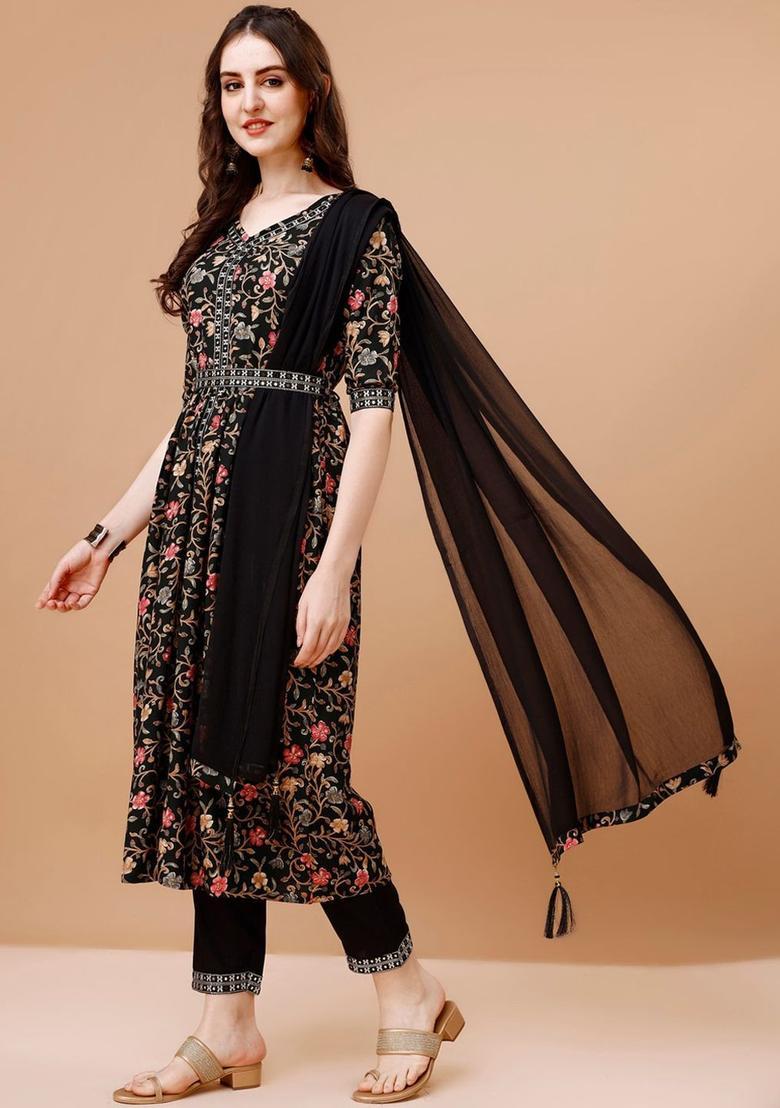 Black Printed Viscose Rayon Kurta Set - Indya