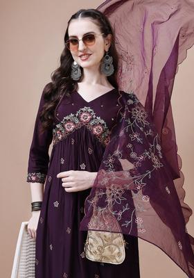Purple Solid Silk Blend Kurta Set