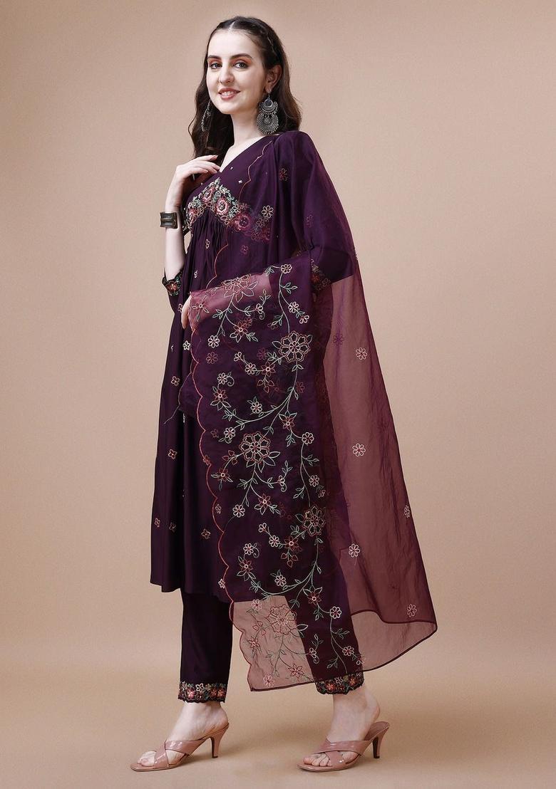 Purple Solid Silk Blend Kurta Set - Indya