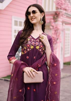 Purple Solid Silk Blend Kurta Set
