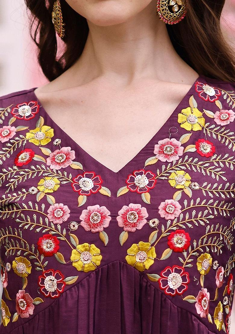 Purple Solid Silk Blend Kurta Set - Indya