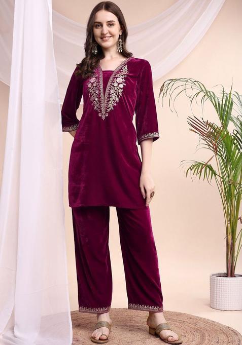 Maroon Embroidered Velvet Kurta Set