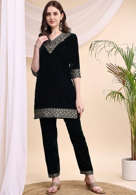 Green Embroidered Velvet Kurta Set