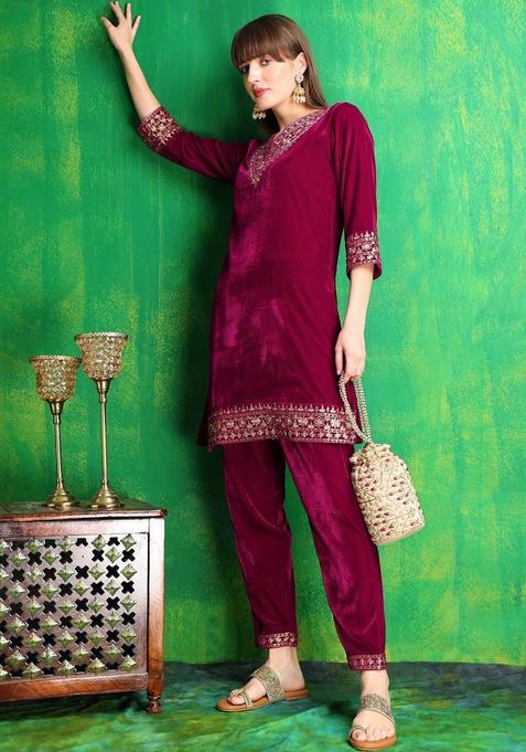 Maroon Embroidered Velvet Kurta Set