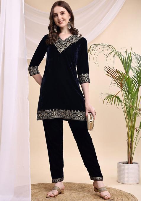 Navy Blue Embroidered Velvet Kurta Set